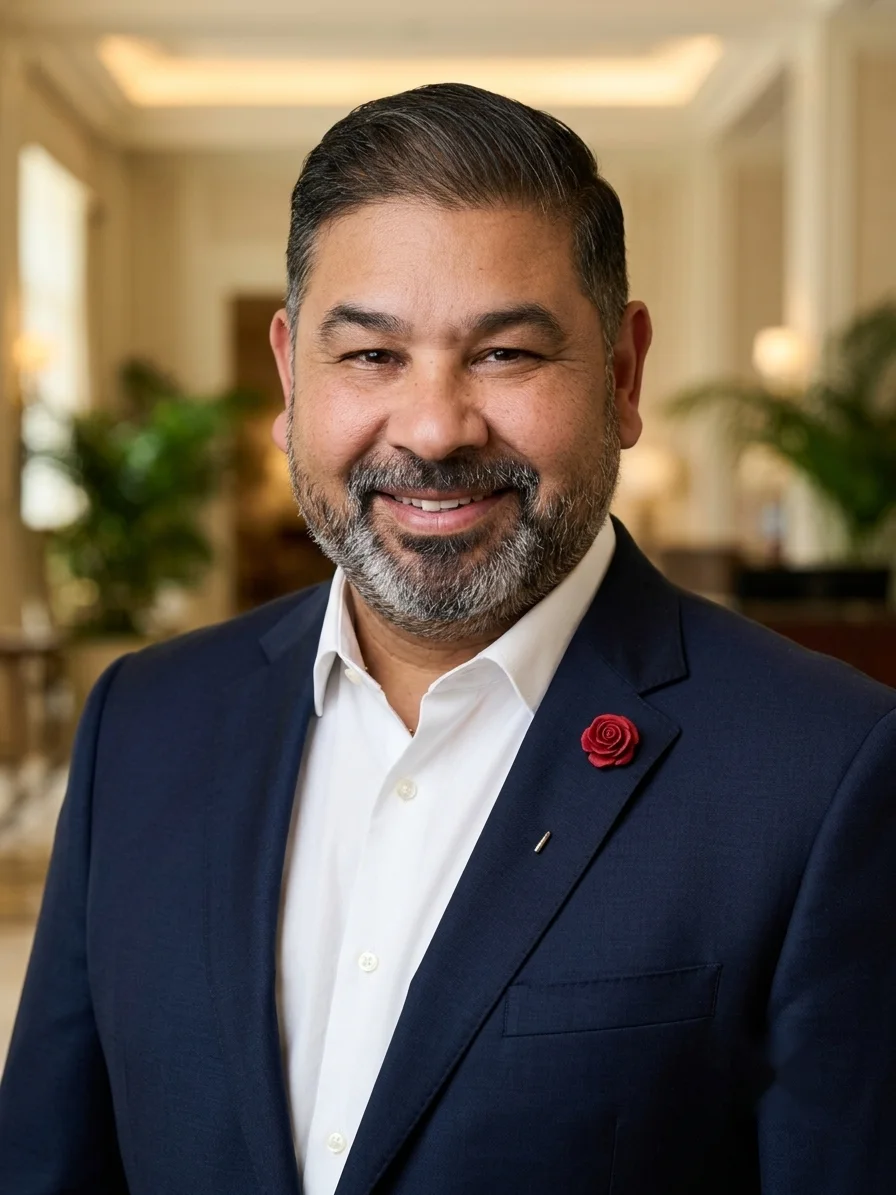 Richard Espinoza, CRM, founder and director of OTA Management, in a navy suit in a hotel lobby